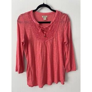 Lucky Brand Womens Long Sleeve Embroidered V-Neck Blouse M Pink Lightweight Flaw